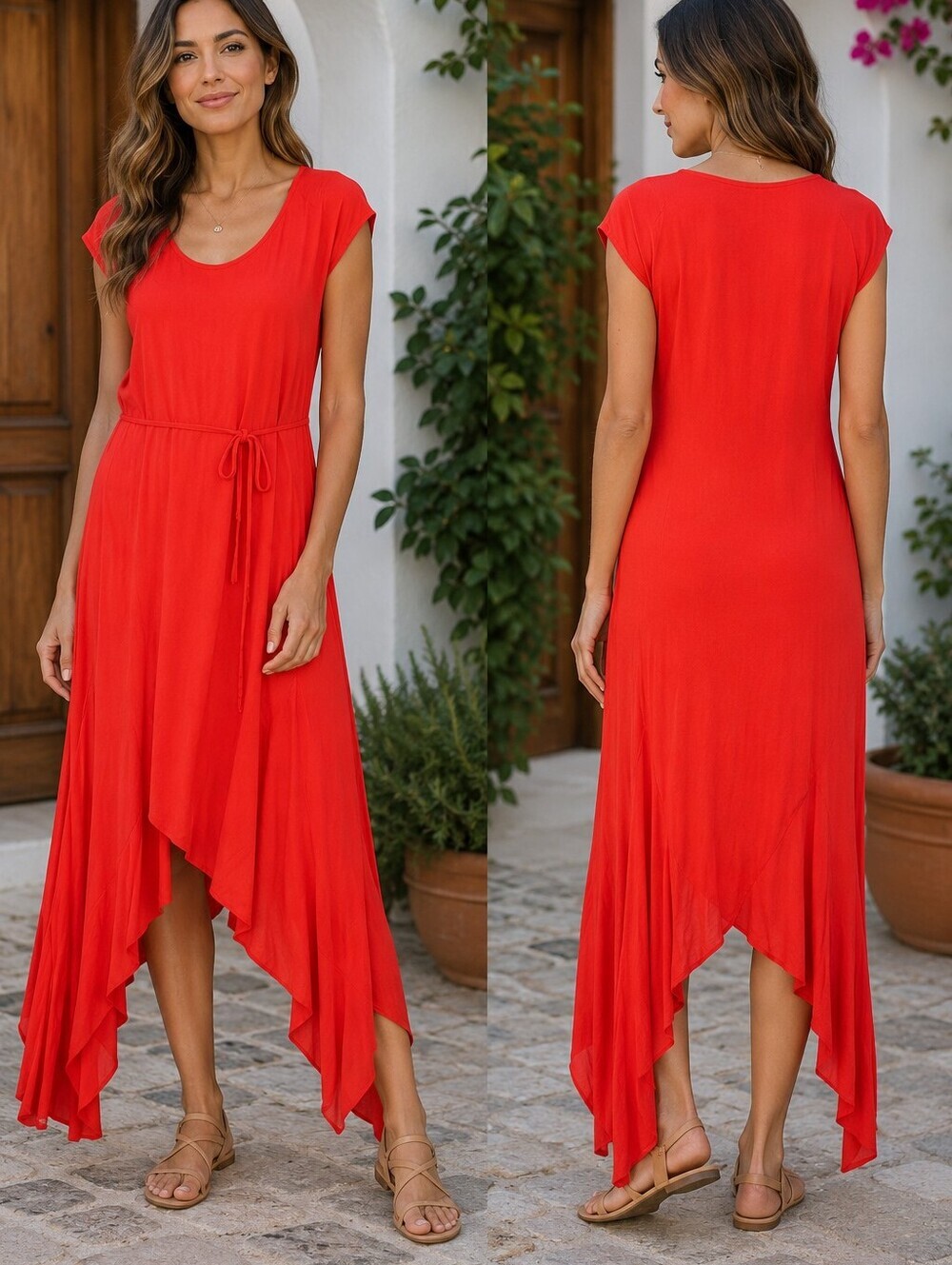 XCVI Red Asymmetrical Maxi Dress Sz M 100% Rayon Tie Waist Lagenlook Boho Resort
